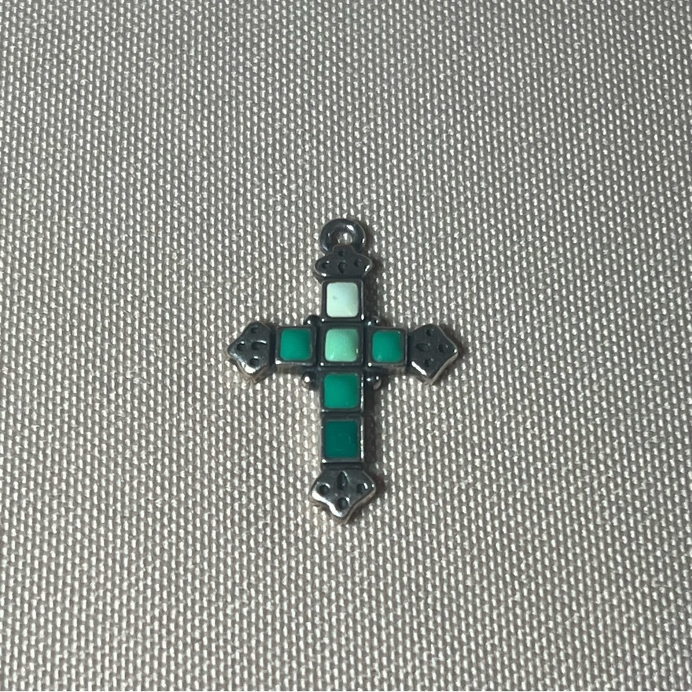 James Avery Retired Green Stone Mosaic Tile Enamel 925 Sterling Silver Cross - Picture 8 of 12
